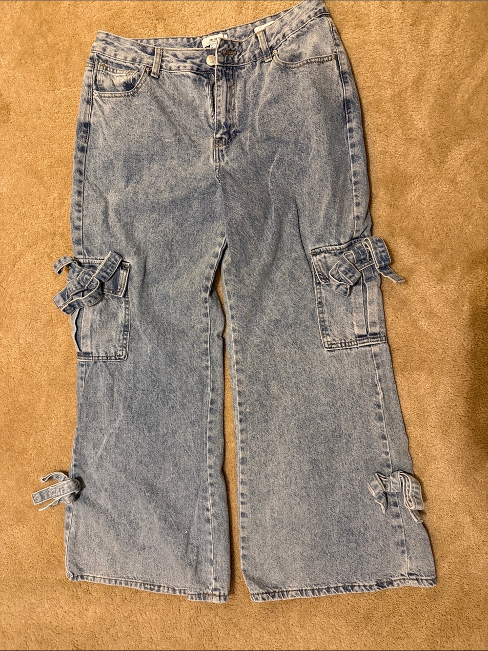 Forever 21 Light Blue Wide-Leg Cargo Jeans with Side Tie Details